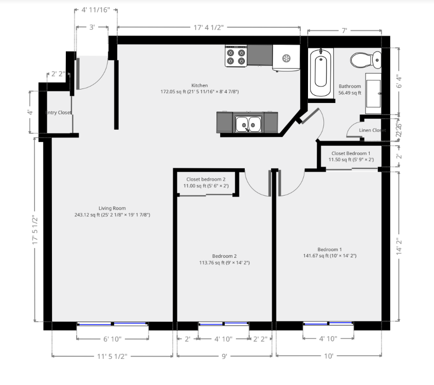 Floor plan for 2 beds, 1 bath, 950 sqft